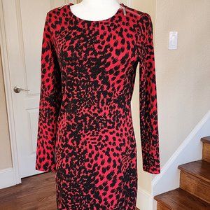 Michael Kors Red Black Pullover Crew Neck Long Sleeve Sweater Dress Size S